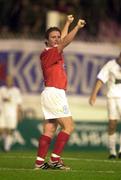 12 July 2000; Dessie Baker of Shelbourne celebrates at the final whistle following the UEFA Champions League 1st Qualfiying Round 1st Leg match between Sloga Jugomagnat and Shelbourne at  air Stadium in Skopje, Macedonia. Photo by David Maher/Sportsfile