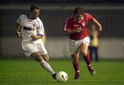 12 July 2000; Dessie Baker of Shelbourne in action against Nebi Mustafi of Sloga Jugomagnat  during the UEFA Champions League 1st Qualfiying Round 1st Leg match between Sloga Jugomagnat and Shelbourne at  air Stadium in Skopje, Macedonia. Photo by David Maher/Sportsfile
