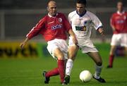 12 July 2000; Paul Doolin of Shelbourne in action against Zoran Jovanlski of Sloga Jugomagnat during the UEFA Champions League 1st Qualfiying Round 1st Leg match between Sloga Jugomagnat and Shelbourne at  air Stadium in Skopje, Macedonia. Photo by David Maher/Sportsfile