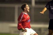 12 July 2000; Richie Baker of Shelbourne celebrates after scoring his sides first goal during the UEFA Champions League 1st Qualfiying Round 1st Leg match between Sloga Jugomagnat and Shelbourne at  air Stadium in Skopje, Macedonia. Photo by David Maher/Sportsfile