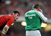 24 May 2008; Fabien Pelous, Toulouse, looks up at referee Nigel Owens. Heineken Cup Final, Munster v Toulouse, Millennium Stadium, Cardiff, Wales. Picture credit: Brendan Moran / SPORTSFILE