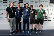 3 May 2015; Medal recipients from the men's 200m individual medley, from left, Bernard Cahill, Ennis, Justin Ress, NCSA, Alex Lebed, NCSA, Ben Griffin, Aer Lingus and Andrew Moore, Galway. 2015 Irish Open Swimming Championships at the National Aquatic Centre, Abbotstown, Dublin. Picture credit: Piaras Ó Mídheach / SPORTSFILE