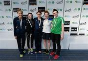 3 May 2015; Medal recipients from the women's 200m individual medley, from left, Evie Pfeifer, NCSA, Bethany Carson, Lisburn, Katherine Drabot, NCSA, Shanu Stallard, UCD and Bethy Firth, Ards. 2015 Irish Open Swimming Championships at the National Aquatic Centre, Abbotstown, Dublin. Picture credit: Piaras Ó Mídheach / SPORTSFILE