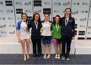 3 May 2015; Medal recipients from the women's 100m butterfly final, from left, Melanie Houghton, Aer Lingus, Lauren Case, NCSA, Shauna O'Brien, UCD, Emma Reid, Ards and Carly Cummings, NCSA. 2015 Irish Open Swimming Championships at the National Aquatic Centre, Abbotstown, Dublin. Picture credit: Piaras Ó Mídheach / SPORTSFILE