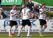 4 May 2015; Dane Massey, left, Dundalk, celebrates after scoring his side's 6th goal with team-mates Brian Gartland and Andy Boyle, right . SSE Airtricity League, Premier Division, Dundalk v Bray Wanderers. Oriel Park, Dundalk, Co. Louth. Photo by Sportsfile
