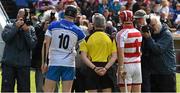 3 May 2015; The Waterford and Cork captains, Kevin Moran and Anthony Nash, shake hands across referee Johnny Ryan before the toss. Allianz Hurling League, Division 1 Final, Cork v Waterford. Semple Stadium, Thurles, Co. Tipperary. Picture credit: Ray McManus / SPORTSFILE
