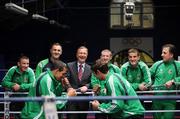 5 June 2008; Minister for Arts, Sport and Tourism, Mr Martin Cullen, TD, watches Olympic Boxers, Middleweight Darren Sutherland, left, and Heavyweight Kenny Egan sparring in the ring with members of Irelands Olympic team, from left, John Jo Nevin, coach Billy Walsh, Paddy Barnes, John Jo Joyce and coach  Zauri Antia. National Stadium, Dublin. Picture credit: Matt Browne / SPORTSFILE