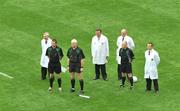 8 June 2008; Referee Martin Duffy, Sligo, left, stands with his officials, including linesmen Syl Doyle, Wexford, left, and John Bannon, Longford, during the playing of the National Anthem. GAA Football Leinster Senior Championship Quarter-Final, Louth v Dublin, Croke Park, Dublin. Picture credit: Stephen McCarthy / SPORTSFILE