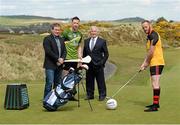 7 May 2015; Pictured are, from left to right, James McCartan, Ulster XV Manager, former Dublin star  Barry Cahill,  Rest of Ireland Select, former Down star Brendan Coulter, Ulster XV player and  Sean Boylan, Rest of Ireland Select manager, at a photocall  of The GAA Open, a charity exhibition match between an Ulster XV and a Rest of Ireland Select XV, that will take place during the Irish Open Golf Week in Newcastle, Co. Down, on Monday 25th May. Royal County Down Golf Club, Down. Picture credit: Oliver McVeigh / SPORTSFILE