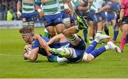 8 May 2015; Jamie Heaslip, Leinster, touches the ball down to score his side's first try of the game despite the tackle of Nicola Cattina, Benetton Treviso. Guinness PRO12, Round 21, Leinster v Benetton Treviso, RDS, Ballsbridge, Dublin. Picture credit: Matt Browne / SPORTSFILE