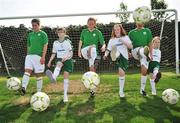 10 June 2008; At a photocall to promote National Irish Bank FAI Summer Soccer Schools 2008 are, from left, Niamh Fahey, Ireland, Michaella Burke, age 12, from Kilbarrick, Alisha Moran, Ireland, Kim Carroll, age 12, from Kilbarrick, Aine O'Gorman, Ireland, and Lucy Dillon, age 7, from Kilbarrick. AUL Clonshaugh, Dublin. Picture credit: Brian Lawless / SPORTSFILE