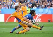 13 June 2008; Luca Toni, Italy, in action against Ciprian Marica, Romania. UEFA EURO 2008TM, Italy v Romania, Letzigrund Stadion, Zurich, Switzerland. Picture credit; Paul Mohan / SPORTSFILE