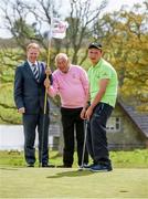 10 May 2015; It was a special moment for nine Irish golfers this weekend as they were unveiled as the Special Olympics athletes who will be representing Ireland at the World Summer Games, which are taking place is Los Angeles in July. One of Ireland’s most successful golfers, Christy O’Connor Junior, and three-time Olympian and former 5,000m World Champion, Senator Eamonn Coghlan joined the team at the launch, where it was also announced that Gala, one of Ireland’s foremost convenience Groups, has joined the Special Olympics as one of the Official Sponsors of Team Ireland. Pictured at the unveiling of Team Ireland’s golfing squad are Gary Desmond, CEO of Gala, Christy O’Connor Jr and Leo O'Brien, from Wicklow, who is one of the Special Olympics golfers who will represent Ireland at the World Games. Carton House, Dublin. Picture credit: Ray McManus / SPORTSFILE