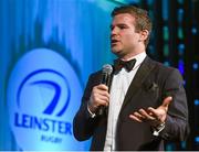 9 May 2015; Gordon D'Arcy speaking at the Leinster Rugby Awards Ball. The Leinster Rugby Awards Ball took place, at the Double Tree by Hilton hotel, Dublin, in front of over 500 attendees as Leinster Rugby celebrated the achievements of those both on and off the field in both the domestic and the professional game. On the night Sean Cronin was awarded the Bank of Ireland Leinster Rugby Players' Player of the Year and Jack Conan was awarded the Samsung Galaxy S6 Young Player of the Year award. RTÉ's Darragh Maloney was MC for the evening as Leinster Rugby Head Coach Matt O'Connor, Captain Jamie Heaslip and the rest of the players also took the opportunity to celebrate the careers of Leinster Rugby stalwarts Gordon D'Arcy and Shane Jennings. Picture credit: Stephen McCarthy / SPORTSFILE