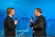 9 May 2015; Sean Cronin is interviewed by MC Darragh Maloney after receiving his Irish Independent Try of the Year award at the Leinster Rugby Awards Ball. The Leinster Rugby Awards Ball took place, at the Double Tree by Hilton hotel, Dublin, in front of over 500 attendees as Leinster Rugby celebrated the achievements of those both on and off the field in both the domestic and the professional game. On the night Sean Cronin was awarded the Bank of Ireland Leinster Rugby Players' Player of the Year and Jack Conan was awarded the Samsung Galaxy S6 Young Player of the Year award. RTÉ's Darragh Maloney was MC for the evening as Leinster Rugby Head Coach Matt O'Connor, Captain Jamie Heaslip and the rest of the players also took the opportunity to celebrate the careers of Leinster Rugby stalwarts Gordon D'Arcy and Shane Jennings. Picture credit: Stephen McCarthy / SPORTSFILE