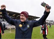 10 May 2015; Westmeath physical trainer, and former Kilkenny goalkeeper, Michael Walsh celebrates at the end of the game. Leinster GAA Hurling Senior Championship Qualifier Group, round 2, Westmeath v Antrim. Cusack Park, Mullingar, Co. Westmeath. Picture credit: David Maher / SPORTSFILE