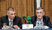 11 May 2015; New Bray Wanderers FC manager Trevor Croly, left and club chairman Denis O'Connor, right,  at the announcement of Croly's tenure at the helm of the Wicklow soccer club. The Clyde Court Hotel, Lansdowne Road, Dublin. Picture credit: Sam Barnes / SPORTSFILE