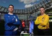 11 May 2015; FAI Intermediate Cup finalists, Morgan Cranley, right, Tolka Rovers, and James Lee, Crumlin United, at an FAI Umbro Intermediate Cup and FAI  Junior Cup Media Day in association with Umbro and Aviva, Aviva Stadium, Dublin. Picture credit: David Maher / SPORTSFILE