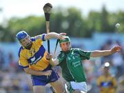 22 June 2008; Frank Lohan, Clare, contests a dropping ball with Sean O'Connor, Limerick. GAA Hurling Munster Senior Championship Semi-Final, Limerick v Clare, Semple Stadium, Thurles, Co. Tipperary. Picture credit: Brendan Moran / SPORTSFILE
