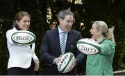 13 May 2015; In attendance at the announcement that Ireland won the bid to be the host nation for the 2017 Women's Rugby World Cup are, from left,  IRFU Women's Rugby Ambassador Fiona Coghlan, Ireland head coach Tom Tierney and Irish Women's Rugby Captain Niamh Briggs. Ballsbridge Hotel, Dublin. Picture credit: Piaras Ó Mídheach / SPORTSFILE