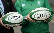 13 May 2015; Branded rugby balls at the announcement that Ireland won the bid to be the host nation for the 2017 Women's Rugby World Cup. Ballsbridge Hotel, Dublin. Picture credit: Piaras Ó Mídheach / SPORTSFILE