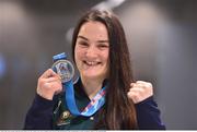 28 May 2016; Team Ireland's Kellie Harrigton displays her silver medal as she returns to Dublin Airport from the AIBA World Women’s Elite Championships in Astana, Kazakhstan  Photo by Cody Glenn/Sportsfile