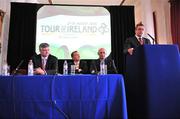 26 June 2008; Darach McQuaid, Tour of Ireland Project Director, speaking at the launch of the 2008 Tour of Ireland cycle race alongside Shaun Quinn, CEO Failte Ireland, left, Minister for Arts, Sport & Tourism, Martin Cullen, TD., and Alan Rushton, Tour of Ireland Event Director, right, which is being held from the 27th to 31st August. Dublin Castle, Dublin. Picture credit: Stephen McCarthy / SPORTSFILE