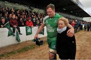 16 May 2015; Michael Swift, Connacht, with his mother Francis after the game, his final one for the club. Guinness PRO12, Round 22, Connacht v Ospreys, Sportsground, Galway. Picture credit: Ray Ryan / SPORTSFILE