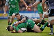 16 May 2015; Robbie Henshaw, Connacht, is tackled by Josh Matavesi, Ospreys. Guinness PRO12, Round 22, Connacht v Ospreys, Sportsground, Galway. Picture credit: Ray Ryan / SPORTSFILE