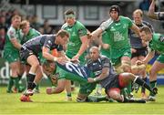 16 May 2015; George Naoupu, Connacht, is tackled by Dan Biggar and Eli Walker, Ospreys. Guinness PRO12, Round 22, Connacht v Ospreys, Sportsground, Galway. Picture credit: Ray Ryan / SPORTSFILE