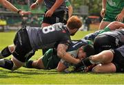 16 May 2015; Denis Buckley, Connacht, goes over to score a try despite the challenge of Dan Barker, Ospreys. Guinness PRO12, Round 22, Connacht v Ospreys, Sportsground, Galway. Picture credit: Ray Ryan / SPORTSFILE