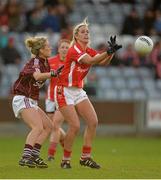 16 May 2015; Brid Stack, Cork, in action against Sinead Burke, Galway. TESCO HomeGrown Ladies National Football League, Division 1 Final Replay, Cork v Galway, O'Moore Park, Portlaoise, Co. Laois. Picture credit: Brendan Moran / SPORTSFILE