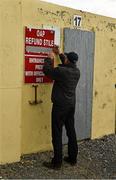 17 May 2015; Connacht Council 'Maor' Anthony Willis, Riverstown GAA club, erects a sign before the game. Connacht GAA Football Senior Championship, Quarter-Final, Leitrim v Galway. Páirc Sean Mac Diarmada, Carrick-on-Shannon, Co. Leitrim. Picture credit: Ray McManus / SPORTSFILE