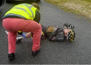 21 May 2015; David Montgomery, Team 3M, lies on the road after a crash during Stage 5 of the 2015 An Post Rás. Newport - Ballina. Photo by Sportsfile