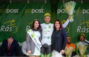 21 May 2015; Ryan Mullen, An Post Chain Reaction after receiving the The Irish Sports Council U23 White Jersey Classification from Miss An Post Rás Donna McCaffrey and Liz Murphy, Mayo Sports Partnership board member, following Stage 5 of the 2015 An Post Rás. Newport - Ballina. Photo by Sportsfile