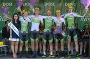 24 May 2015; International team winners, An Post Chain Reaction with Miss An Post Rás Aisling Halpin following Stage 8 of the 2015 An Post Rás. Drogheda - Skerries. Pictured are from left, Miss An Post Rás Aisling Halpin, Aaron Gate, Ryan Mullen, Aidis Kruopis, Josh Edmondson, and Conor Dunne Photo by Sportsfile
