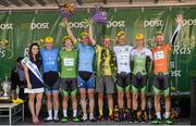 24 May 2015; Miss An Post Rás Aisling Halpin with, from left,: first county rider home Damien Shaw, Team Asea;  Post Office Sprint Jersey Classification winner Aaron Gate, An Post Chain Reaction; One Direct County Jersey winner Ian Richardson, UCD; An Post Rás Yellow Jersey Classification winner Lukas Postlberger; Irish Sports Council U23 White Jersey Classification winner and third place overall Ryan Mullen, An Post Chain Reaction; second place overall, Joshua Edmondson, An Post Chain Reaction; and One4All Bikes4Work King of the Mountains Jersey Classification winner and LeasePlan Stage Jersey winner Aidis Kruopis, An Post Chain Reaction, following Stage 8 of the 2015 An Post Rás. Drogheda - Skerries. Photo by Sportsfile