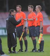 12 July 2008; Bohemians manager Pat Fenlon appeals to referee Brage Sandmoen and his two assistant referees at the final whistle. UEFA Intertoto Cup, 2nd Round, 2nd leg, Bohemians v FK Riga, Dalymount Park, Dublin. Picture credit: Damien Eagers / SPORTSFILE