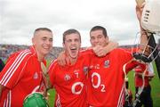 13 July 2008; Cork players Eoin Moynihan, 3, William Egan, 7, and Simon O'Brien, celebrate victory. ESB Munster Minor Hurling Championship Final, Tipperary v Cork, Gaelic Grounds, Limerick. Picture credit: Ray McManus / SPORTSFILE