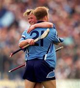 5 June 2000; Tomas McGrane celebrates with his Dublin team-mate Derek McMullen, 21, following their victory in the Guinness Leinster Senior Hurling Championship Play-off match between Dublin and Laois at O'Connor Park in Tullamore, Offaly. Photo by Damien Eagers/Sportsfile