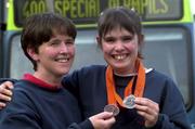 1 June 2000; Gymnastics coach Dorothy Kavanagh with and Special Olympian Rebecca Bourke, from Pallasgreen, Limerick, who won silver and bronze medals at the Special Olympics European Games in Groningen, Netherlands. Photo by Ray McManus/Sportsfile