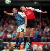 24 July 2000; Robert Taylor of Manchester City in action against Dave Maguire of Drogheda United during the Pre-Season Friendly match between Drogheda United and Manchester City at United Park in Drogheda, Louth. Photo by David Maher/Sportsfile