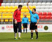 27 May 2015; Evan Comerford, FAI/ETB Limerick, is shown the red card by referee Robbie Byrne. Bobby Smith Cup Final 2015, FAI/ETB Clondalkin v FAI/ETB Limerick, Tallaght Stadium, Tallaght, Co. Dublin. Picture credit: Seb Daly / SPORTSFILE