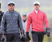 28 May 2015; Rickie Fowler, left,, USA, and Rory McIlroy, Northern Ireland walk down the 2nd fairway. Dubai Duty Free Irish Open Golf Championship 2015, Day 1. Royal County Down Golf Club, Co. Down. Picture credit: John Dickson / SPORTSFILE