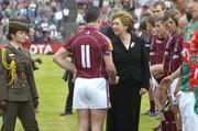 13 July 2008; President of Ireland Mary McAleese is introduced to the Galway team while her Aide-de-camp Niamh O Mahony, who is also daughter to Mayo manager John O Mahony, looks on. GAA Football Connacht Senior Championship Final, Mayo v Galway, McHale Park, Castlebar, Co. Mayo. Picture credit: Ray Ryan / SPORTSFILE