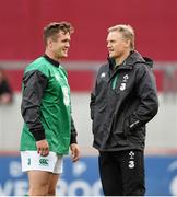 28 May 2015; Ireland head coach Joe Schmidt in conversation with Colm O'Shea before the game. International Rugby Friendly, Ireland v Barbarians. Thomond Park, Limerick. Picture credit: Diarmuid Greene / SPORTSFILE