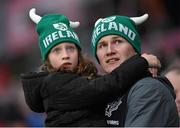 28 May 2015; Ireland supporters Alisha Davis, aged 8, and Jack Buckley, from Doon, Co. Limerick, look on during the game. International Rugby Friendly, Ireland v Barbarians. Thomond Park, Limerick. Picture credit: Diarmuid Greene / SPORTSFILE