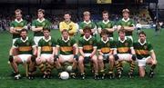 11 August 1985; The Kerry team, back row from left to right, Jack O'Shea, Tom Spillane, Charlie Nelligan, John Higgins, Mikey Sheehy and Pat Spillane. Front row left to right, Eoin Liston, Tommy Doyle, Paidi O Se, Ambrose O'Donovan, Mick Spillane, John Kennedy and Ogie Moran. All Ireland Football Semi-Final, Kerry v Monaghan, Croke Park, Dublin. Picture credit: Ray McManus / SPORTSFILE