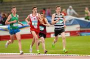 16 May 2015; Shane Hughes, Colaiste Mhuire, Cathal Doyle, St Aidan's CBS, Paul O'Donnell, De La Salle, and  Peter Lynch, St Kieran College, during the Senior Boys 5000m at the GloHealth Leinster Schools Track and Field Championships. Morton Stadium, Santry, Dublin. Picture credit: Oliver McVeigh / SPORTSFILE