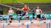 16 May 2015; Joe Halwax, CBC Monkstown, out in front during the Senior Boys 400M hurdles at the GloHealth Leinster Schools Track and Field Championships. Morton Stadium, Santry, Dublin. Picture credit: Oliver McVeigh / SPORTSFILE